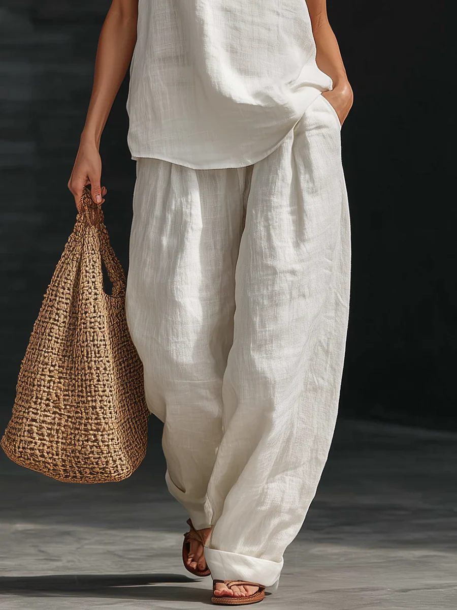 SOPHIE™ - CONJUNTO DE LINO CON ESCOTE EN V Y PANTALON FLUIDO