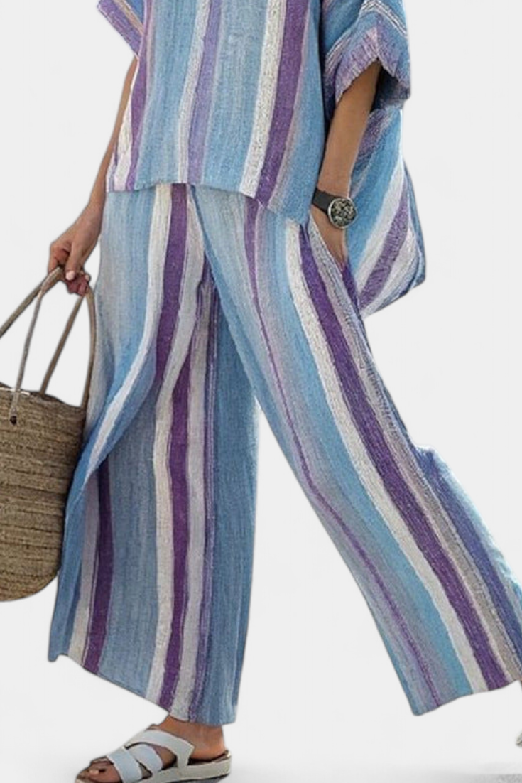 GINEBRA™ - CONJUNTO ELEGANTE EN TONO MALVA PASTEL Y PANTALÓN DE LINO A RAYAS