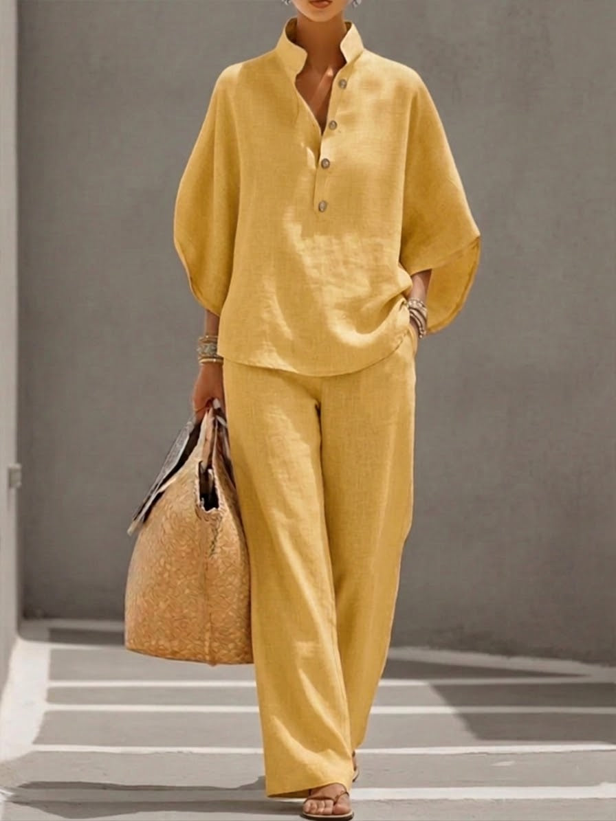 MARIEL™ - CONJUNTO DE DOS PIEZAS EFECTO LINO CON MANGAS MURCIÉLAGO Y PANTALÓN FLUIDO