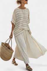 GRAZIELLA™ - CONJUNTO A RAYAS DE BAMBÚ NATURAL Y PANTALÓN DE LINO FLUIDO