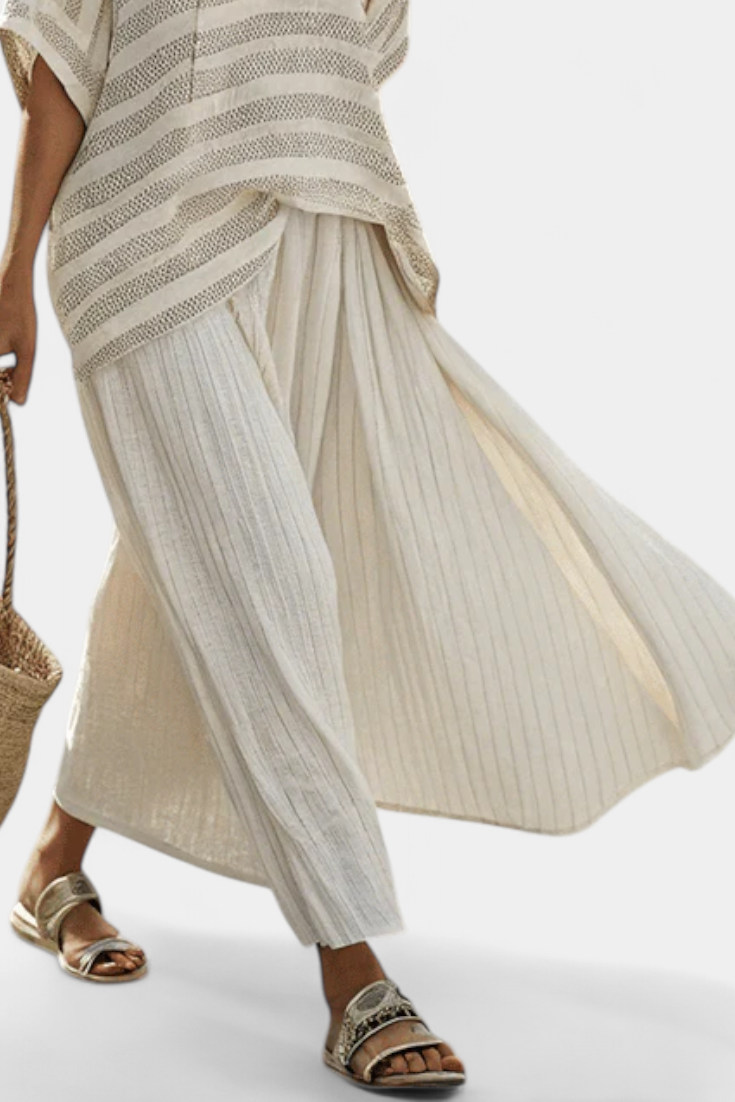 GRAZIELLA™ - CONJUNTO A RAYAS DE BAMBÚ NATURAL Y PANTALÓN DE LINO FLUIDO