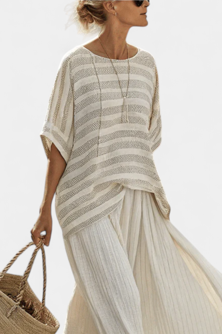 GRAZIELLA™ - CONJUNTO A RAYAS DE BAMBÚ NATURAL Y PANTALÓN DE LINO FLUIDO