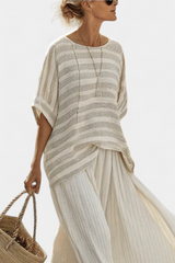 GRAZIELLA™ - CONJUNTO A RAYAS DE BAMBÚ NATURAL Y PANTALÓN DE LINO FLUIDO