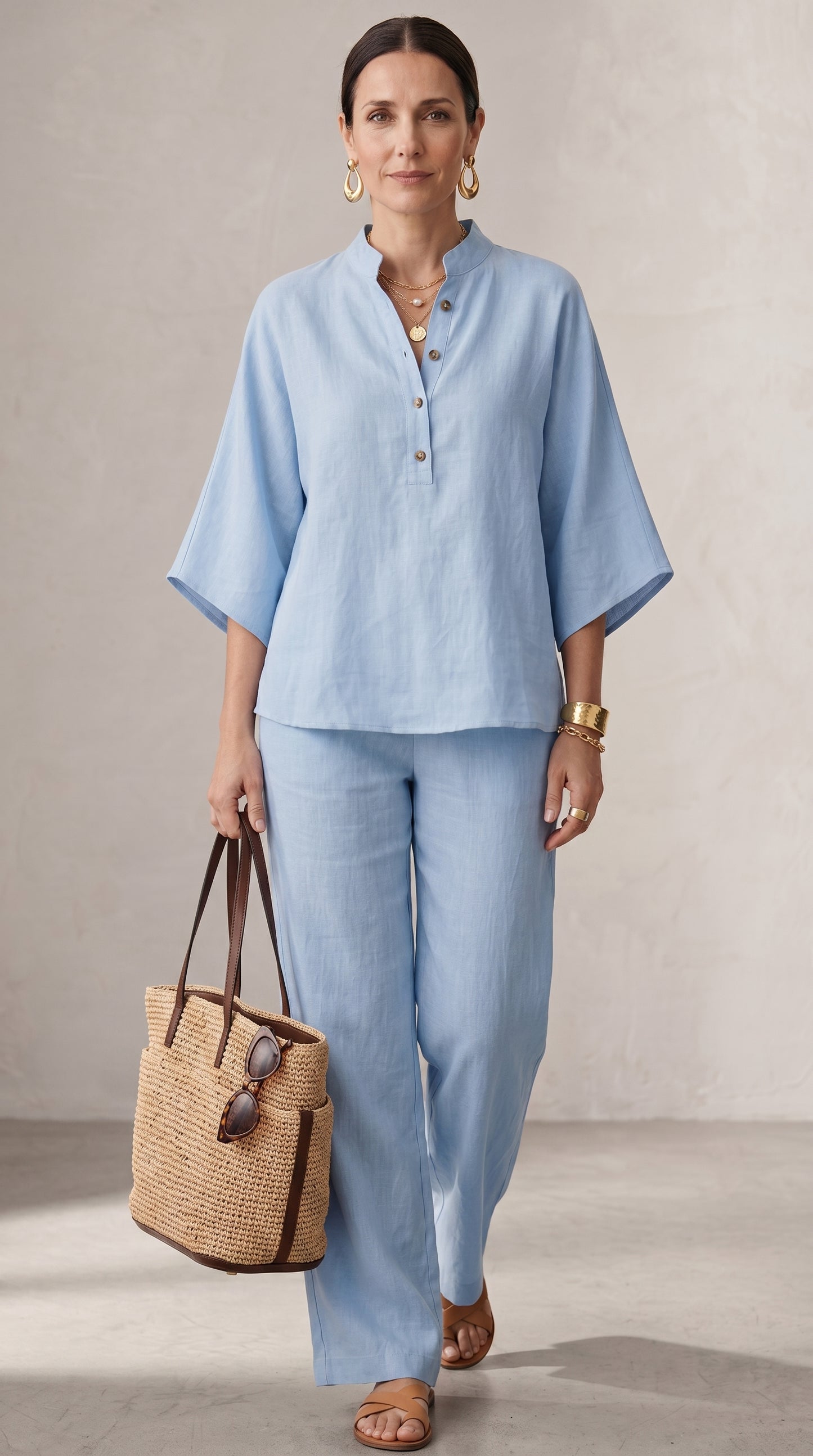 MARIEL™ - CONJUNTO DE DOS PIEZAS EFECTO LINO CON MANGAS MURCIÉLAGO Y PANTALÓN FLUIDO