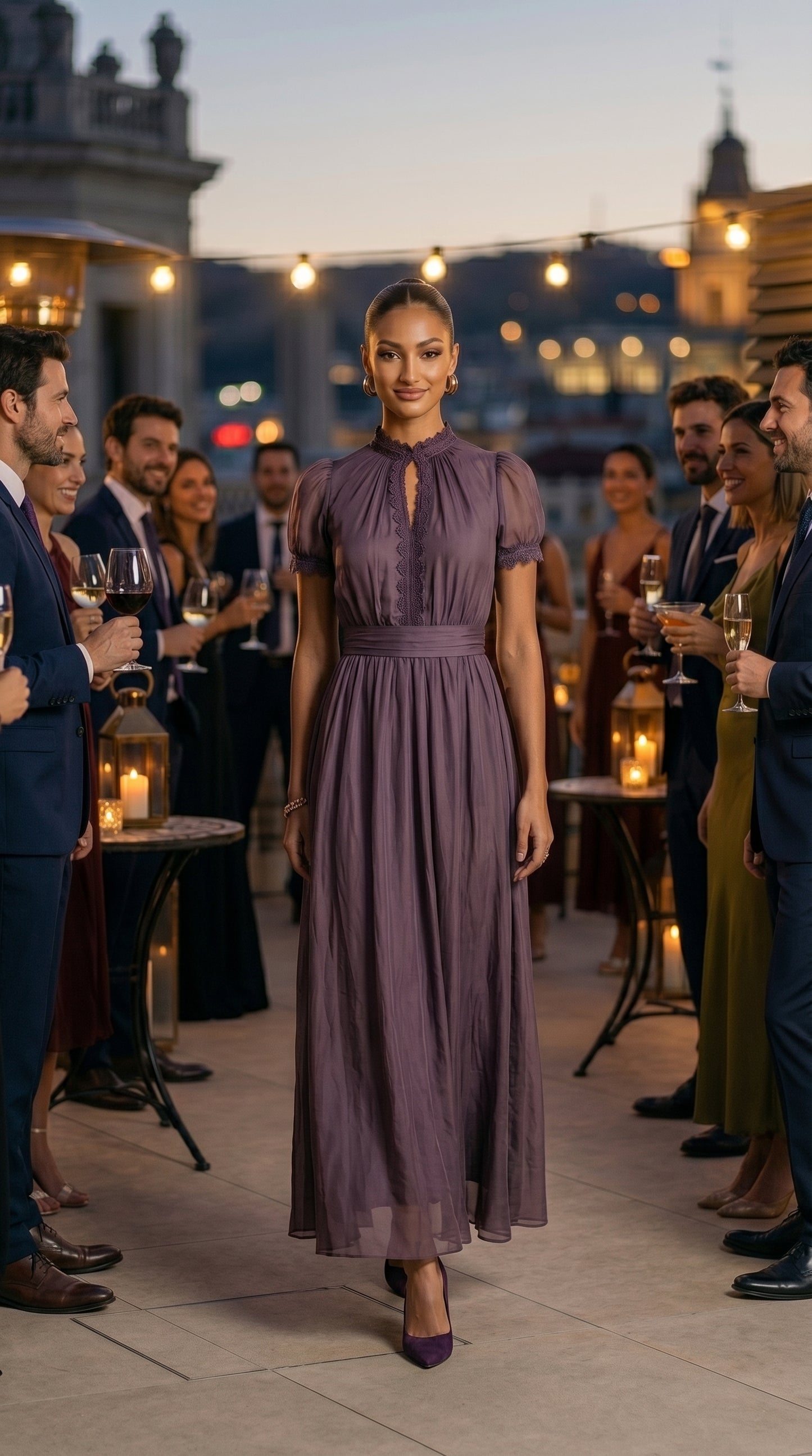 FLAVIA™ - VESTIDO LARGO MORADO CON ESCOTE EN V Y RIBETE DE ENCAJE DE GASA