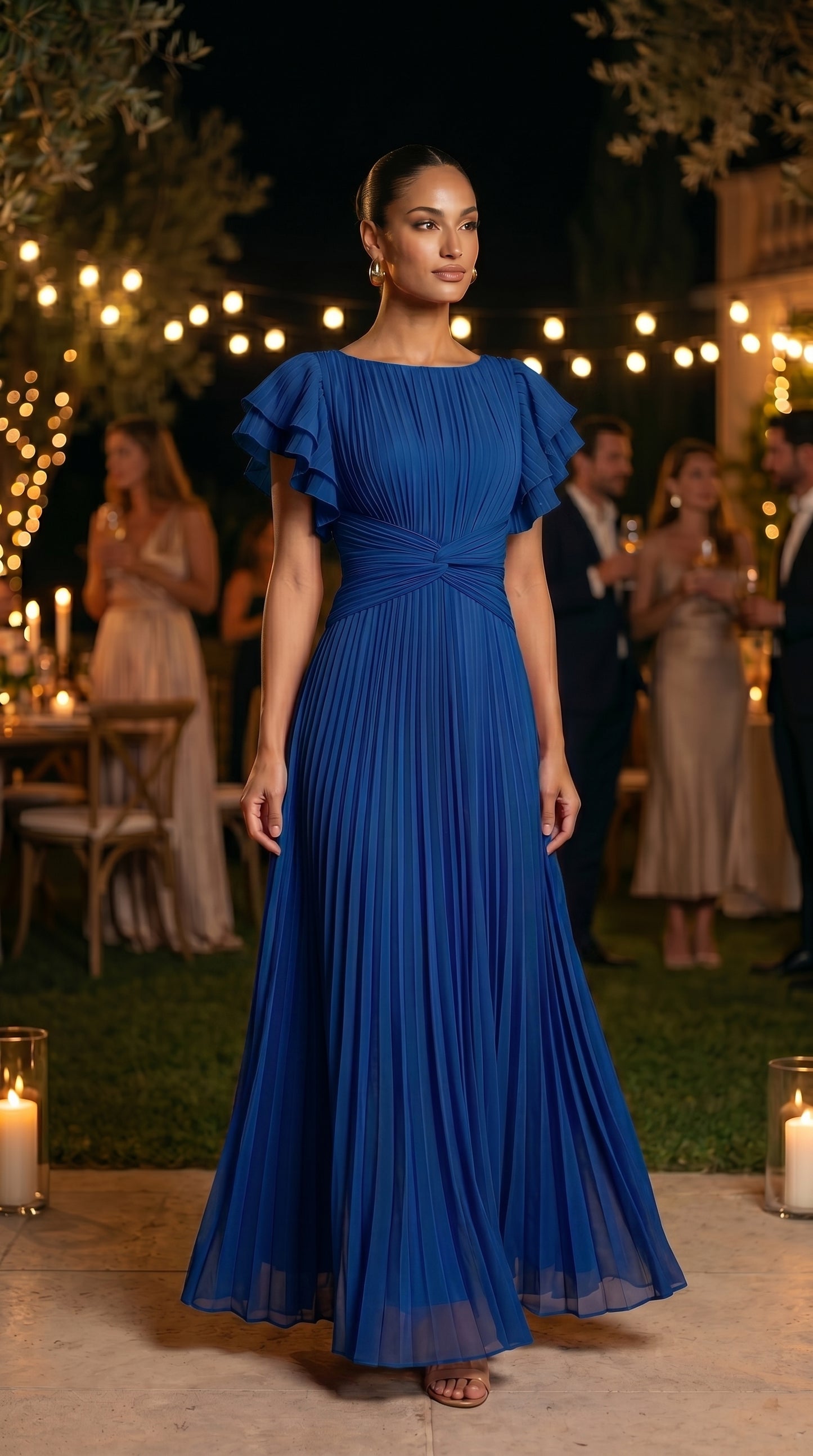 RORY™ - VESTIDO LARGO PLISADO, CON MANGAS DE VOLANTES Y CINTURA ENTALLADA