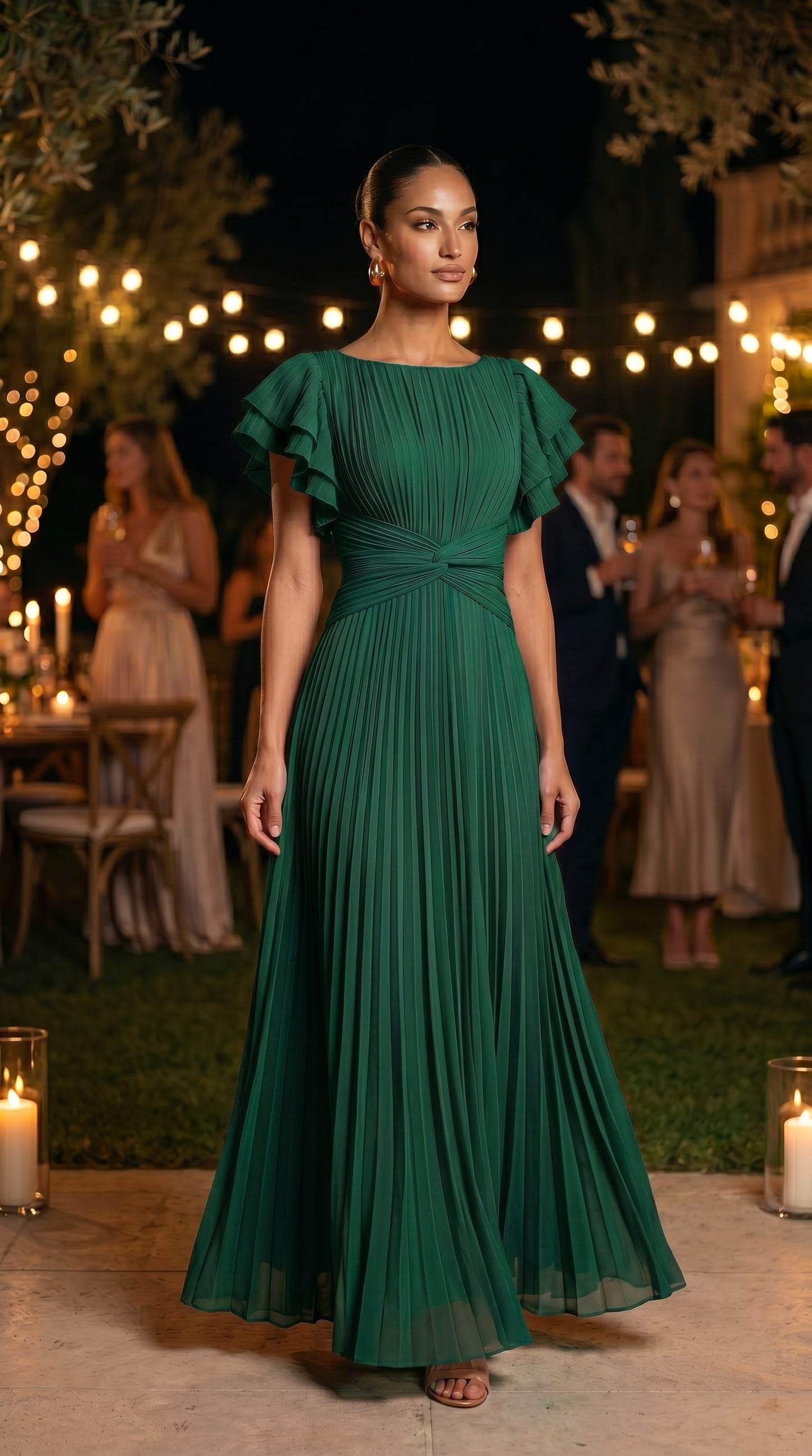 RORY™ - VESTIDO LARGO PLISADO, CON MANGAS DE VOLANTES Y CINTURA ENTALLADA