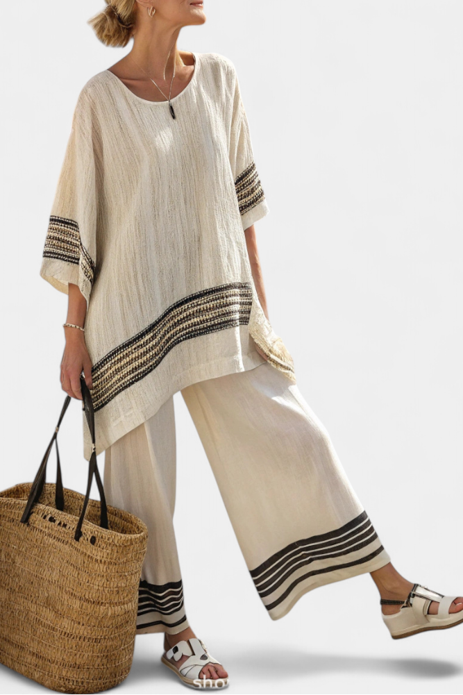 MARIENA™ - CONJUNTO CON TOP ELEGANTE DE LINO CON RAYAS NEGRAS Y PANTALÓN FLUIDO