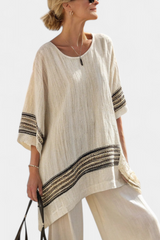 MARIENA™ - CONJUNTO CON TOP ELEGANTE DE LINO CON RAYAS NEGRAS Y PANTALÓN FLUIDO