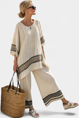 MARIENA™ - CONJUNTO CON TOP ELEGANTE DE LINO CON RAYAS NEGRAS Y PANTALÓN FLUIDO