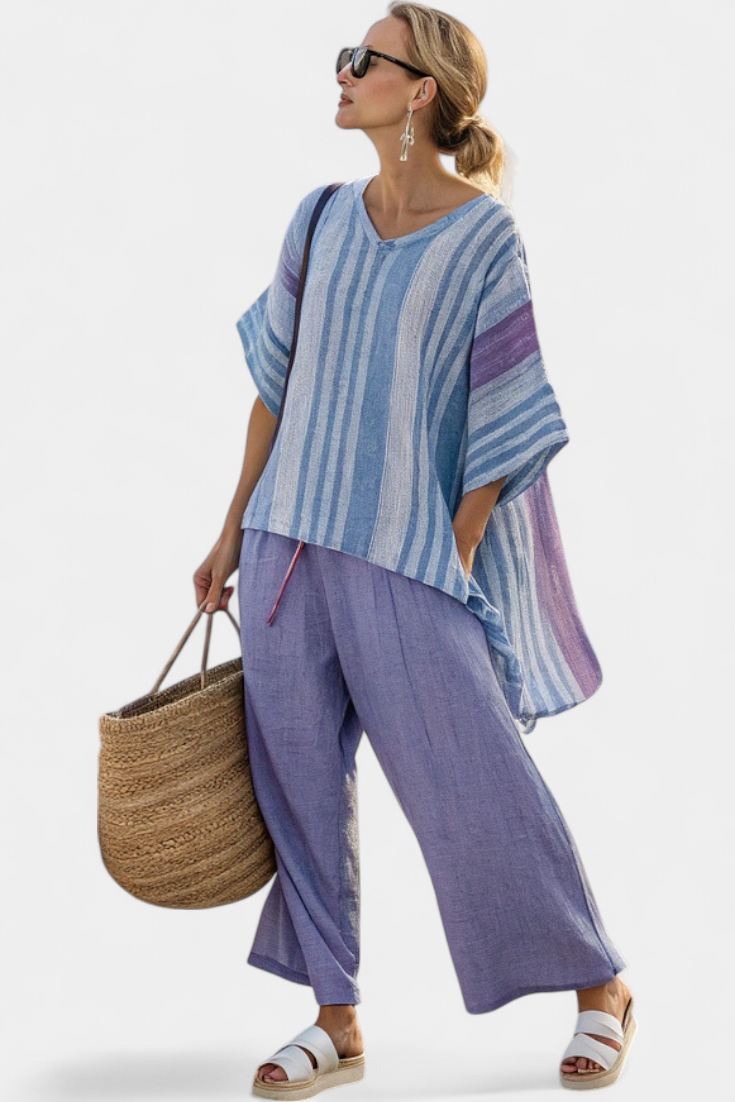 CARLOTTA™ - CONJUNTO ELEGANTE COLOR LAVANDA Y AZUL CIELO CON PANTALÓN DE LINO