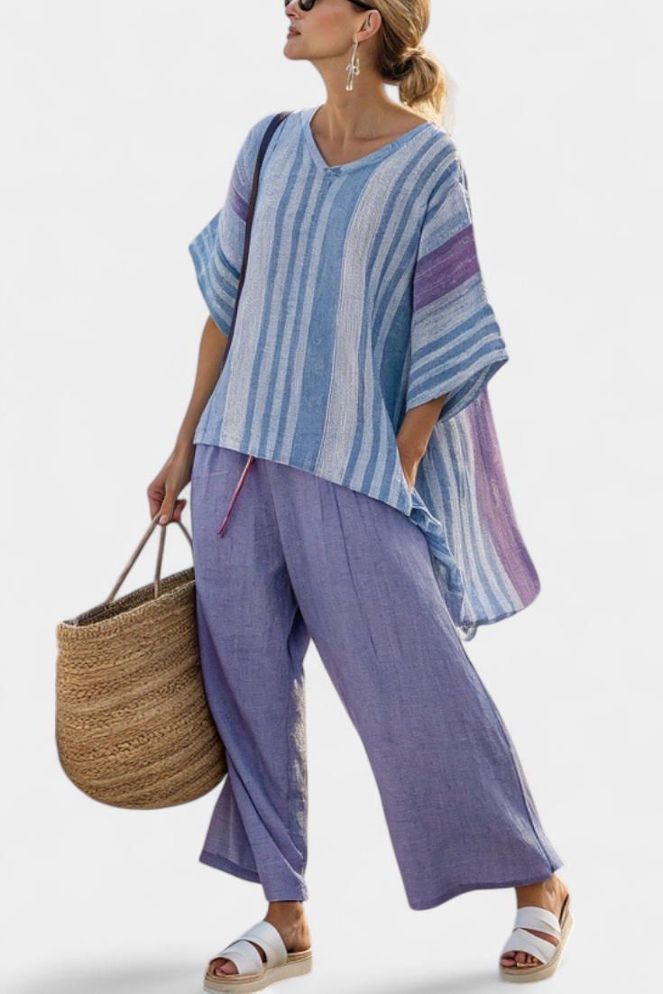CARLOTTA™ - CONJUNTO ELEGANTE COLOR LAVANDA Y AZUL CIELO CON PANTALÓN DE LINO