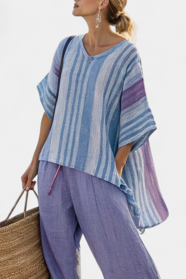 CARLOTTA™ - CONJUNTO ELEGANTE COLOR LAVANDA Y AZUL CIELO CON PANTALÓN DE LINO
