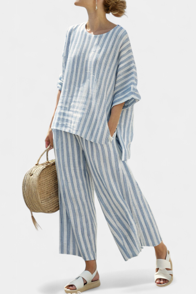 FEDERICA™ - CONJUNTO SOFISTICADO DE LINO CON RAYAS AZULES Y PANTALONES RELAJADOS