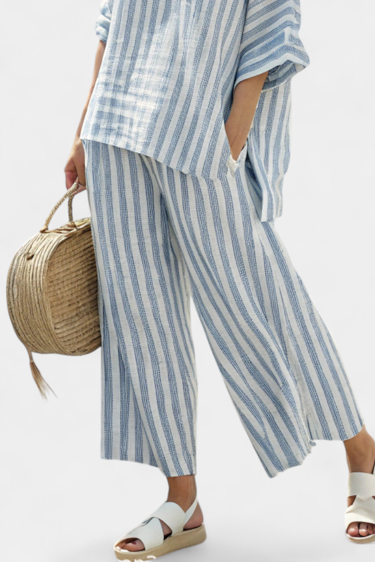 FEDERICA™ - CONJUNTO SOFISTICADO DE LINO CON RAYAS AZULES Y PANTALONES RELAJADOS
