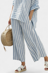 FEDERICA™ - CONJUNTO SOFISTICADO DE LINO CON RAYAS AZULES Y PANTALONES RELAJADOS