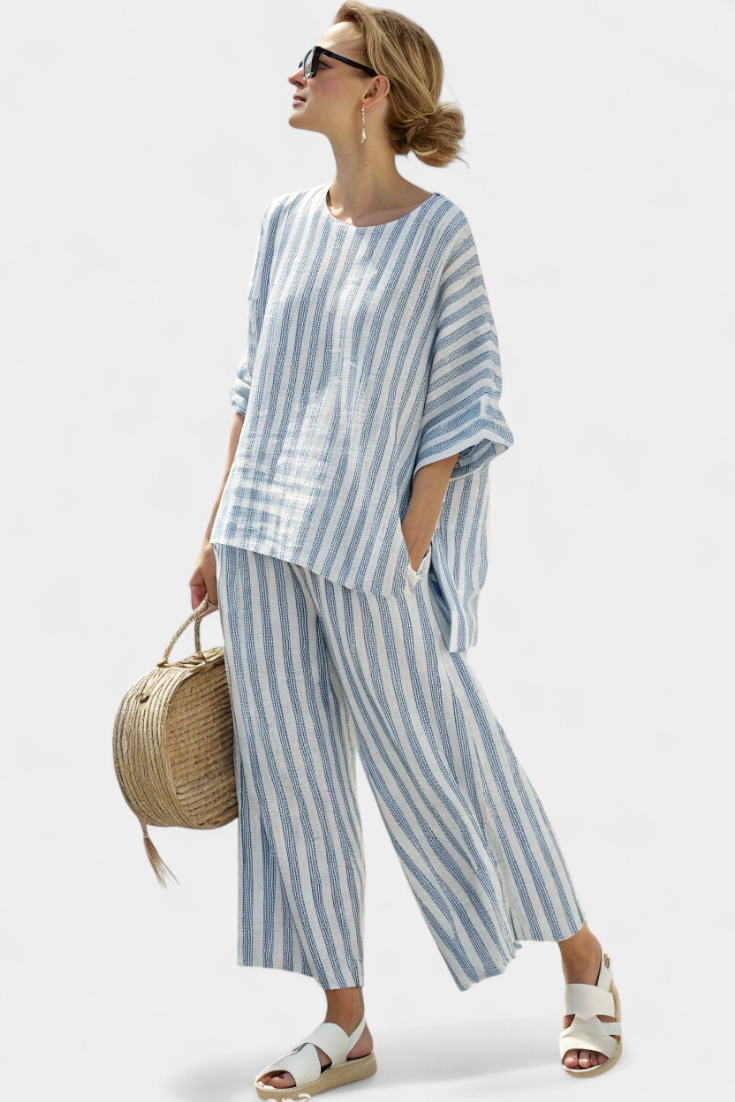 FEDERICA™ - CONJUNTO SOFISTICADO DE LINO CON RAYAS AZULES Y PANTALONES RELAJADOS