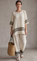 MARIENA™ - CONJUNTO CON TOP ELEGANTE DE LINO CON RAYAS NEGRAS Y PANTALÓN FLUIDO