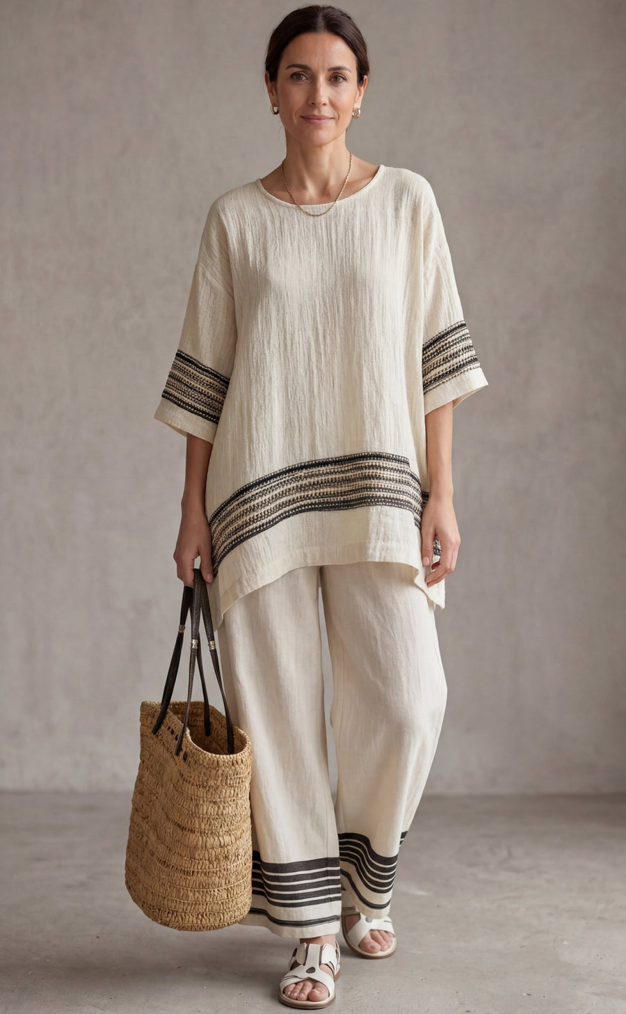 MARIENA™ - CONJUNTO CON TOP ELEGANTE DE LINO CON RAYAS NEGRAS Y PANTALÓN FLUIDO