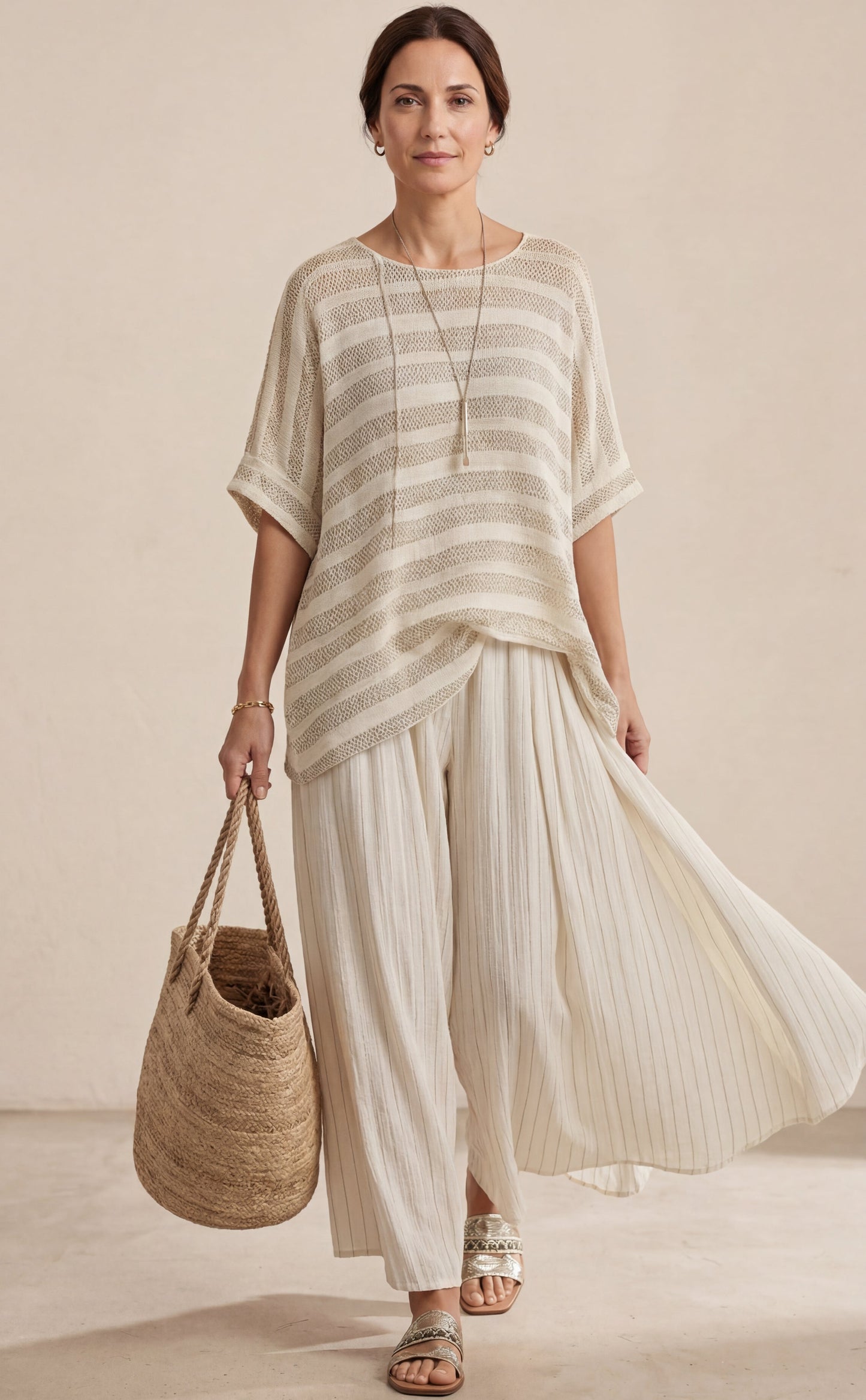 GRAZIELLA™ - CONJUNTO A RAYAS DE BAMBÚ NATURAL Y PANTALÓN DE LINO FLUIDO