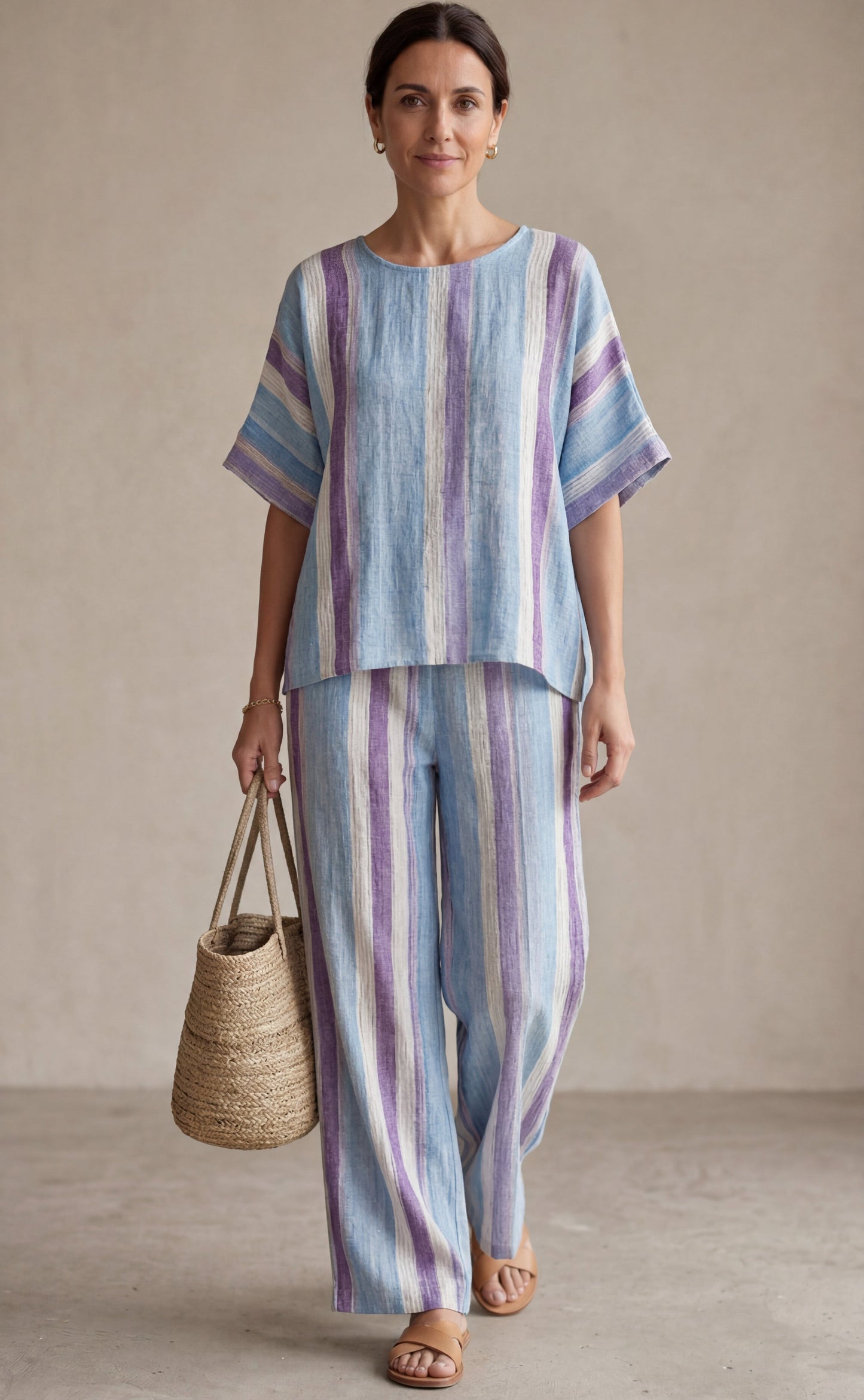 GINEBRA™ - CONJUNTO ELEGANTE EN TONO MALVA PASTEL Y PANTALÓN DE LINO A RAYAS