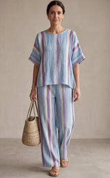 GINEBRA™ - CONJUNTO ELEGANTE EN TONO MALVA PASTEL Y PANTALÓN DE LINO A RAYAS