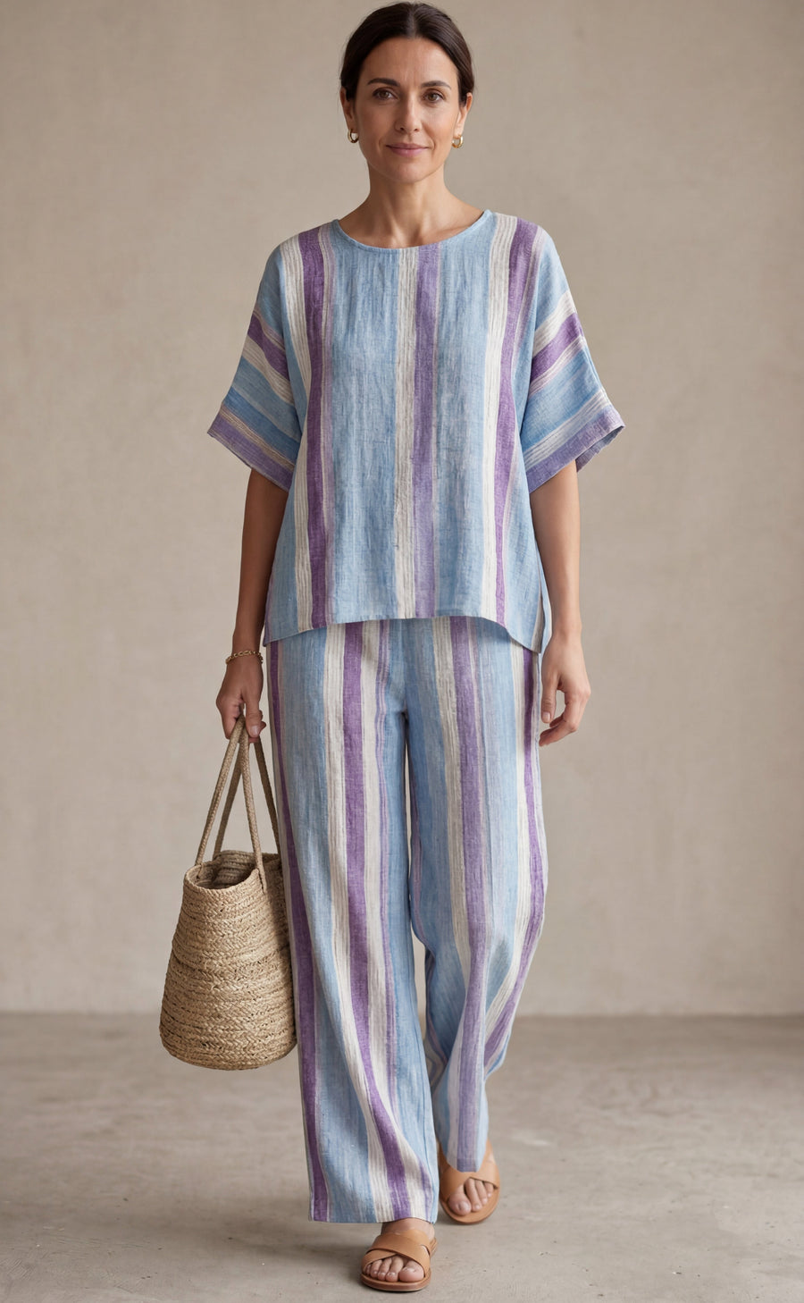 GINEBRA™ - CONJUNTO ELEGANTE EN TONO MALVA PASTEL Y PANTALÓN DE LINO A RAYAS