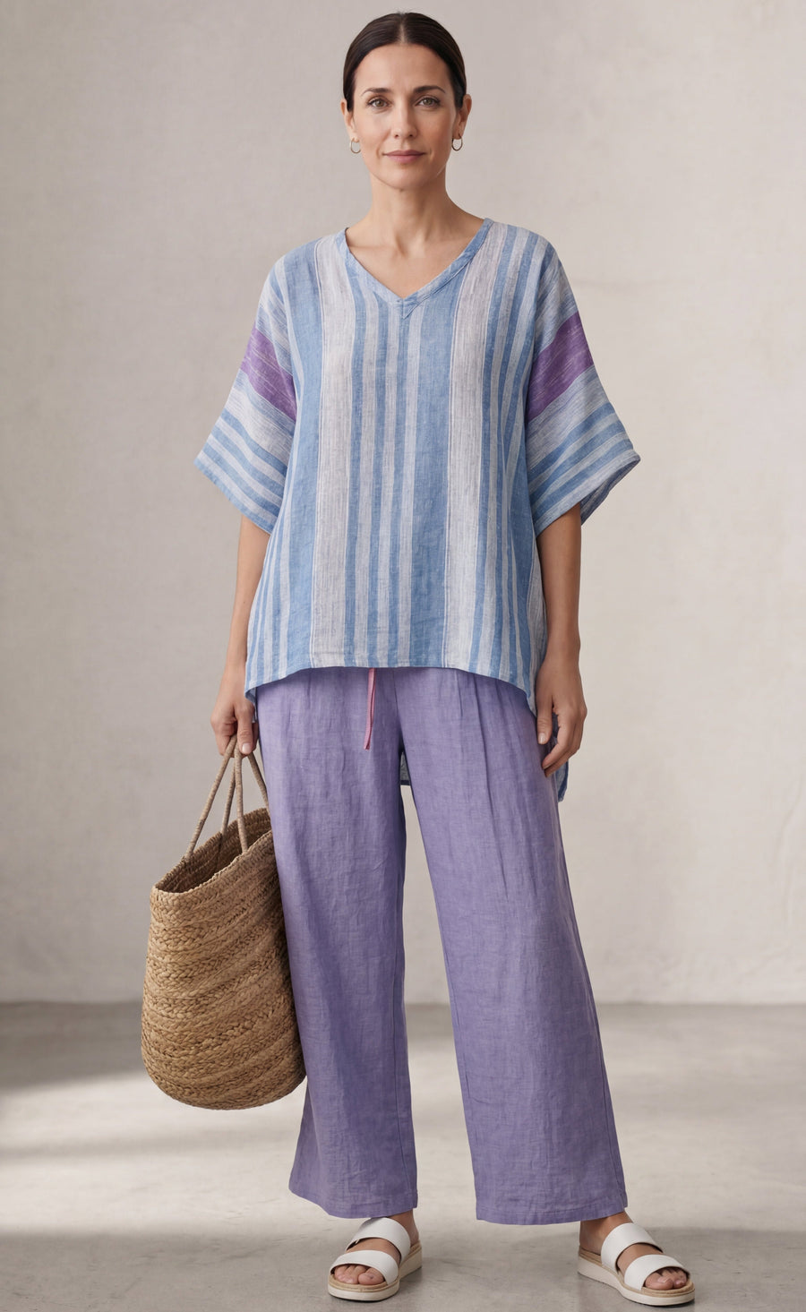 CARLOTTA™ - CONJUNTO ELEGANTE COLOR LAVANDA Y AZUL CIELO CON PANTALÓN DE LINO