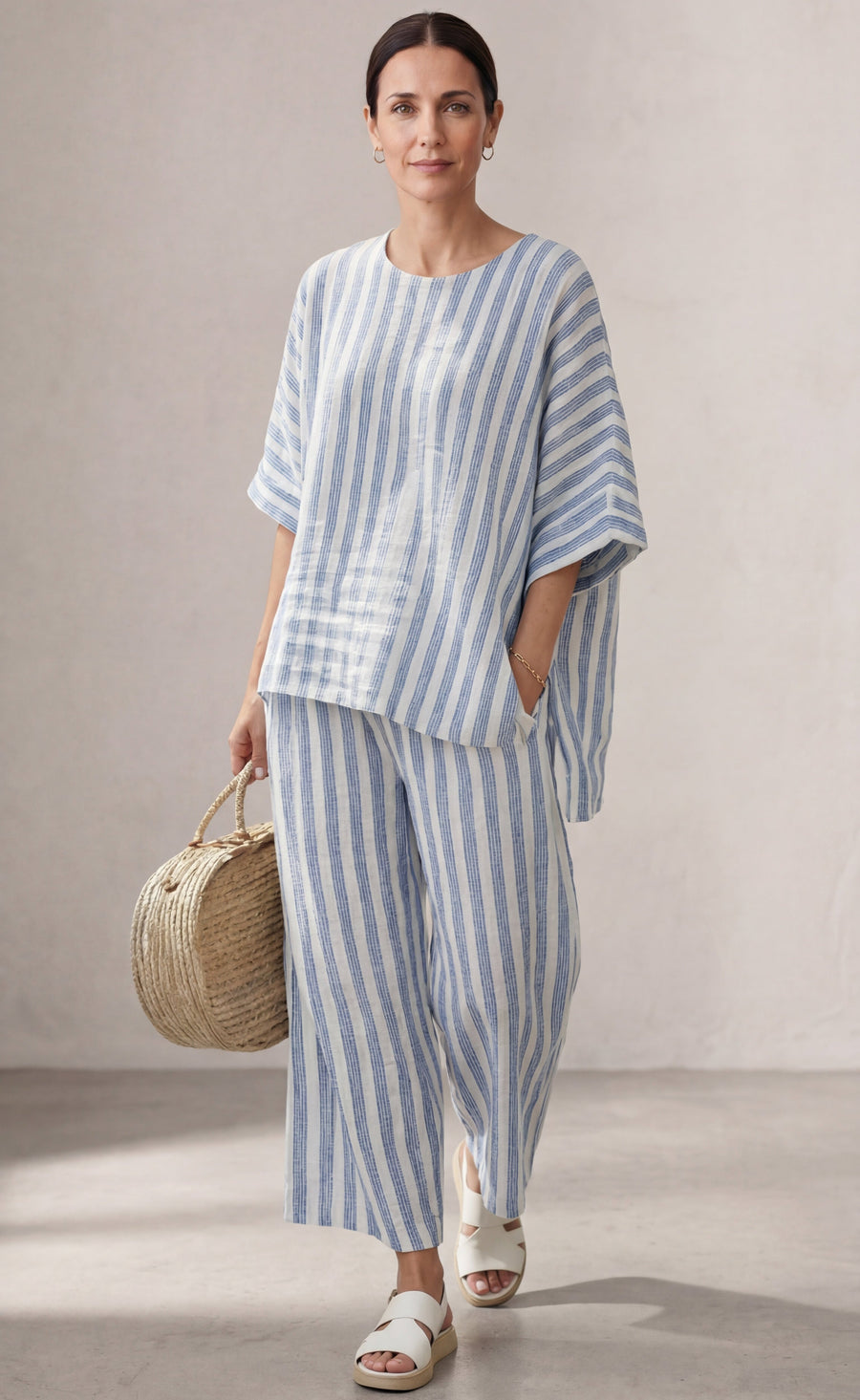 FEDERICA™ - CONJUNTO SOFISTICADO DE LINO CON RAYAS AZULES Y PANTALONES RELAJADOS