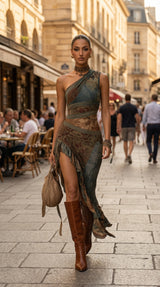 MARÍA™ - VESTIDO LARGO ASIMÉTRICO CON ESTAMPADO ÉTNICO Y ABERTURA LATERAL