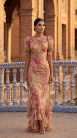 ROSARIO™ - VESTIDO LARGO DE CHIFFON LIGERO ESTAMPADO FLORAL