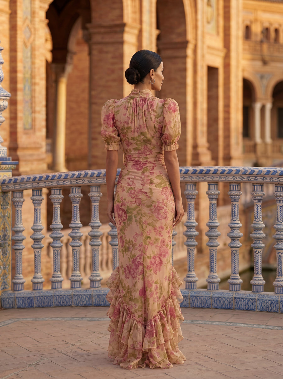 ROSARIO™ - VESTIDO LARGO DE CHIFFON LIGERO ESTAMPADO FLORAL