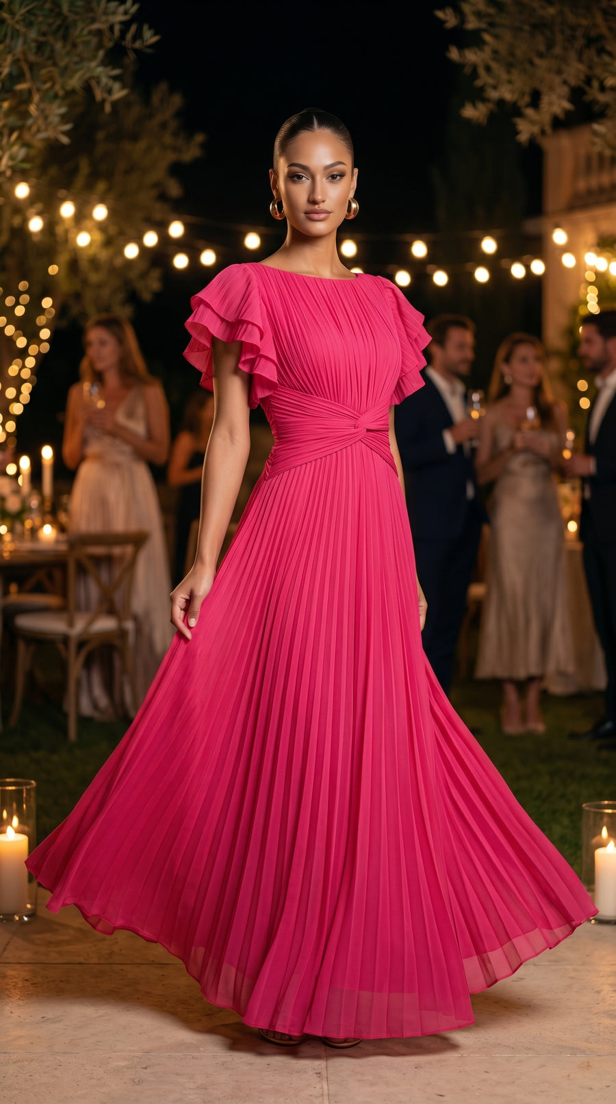 RORY™ - VESTIDO LARGO PLISADO, CON MANGAS DE VOLANTES Y CINTURA ENTALLADA