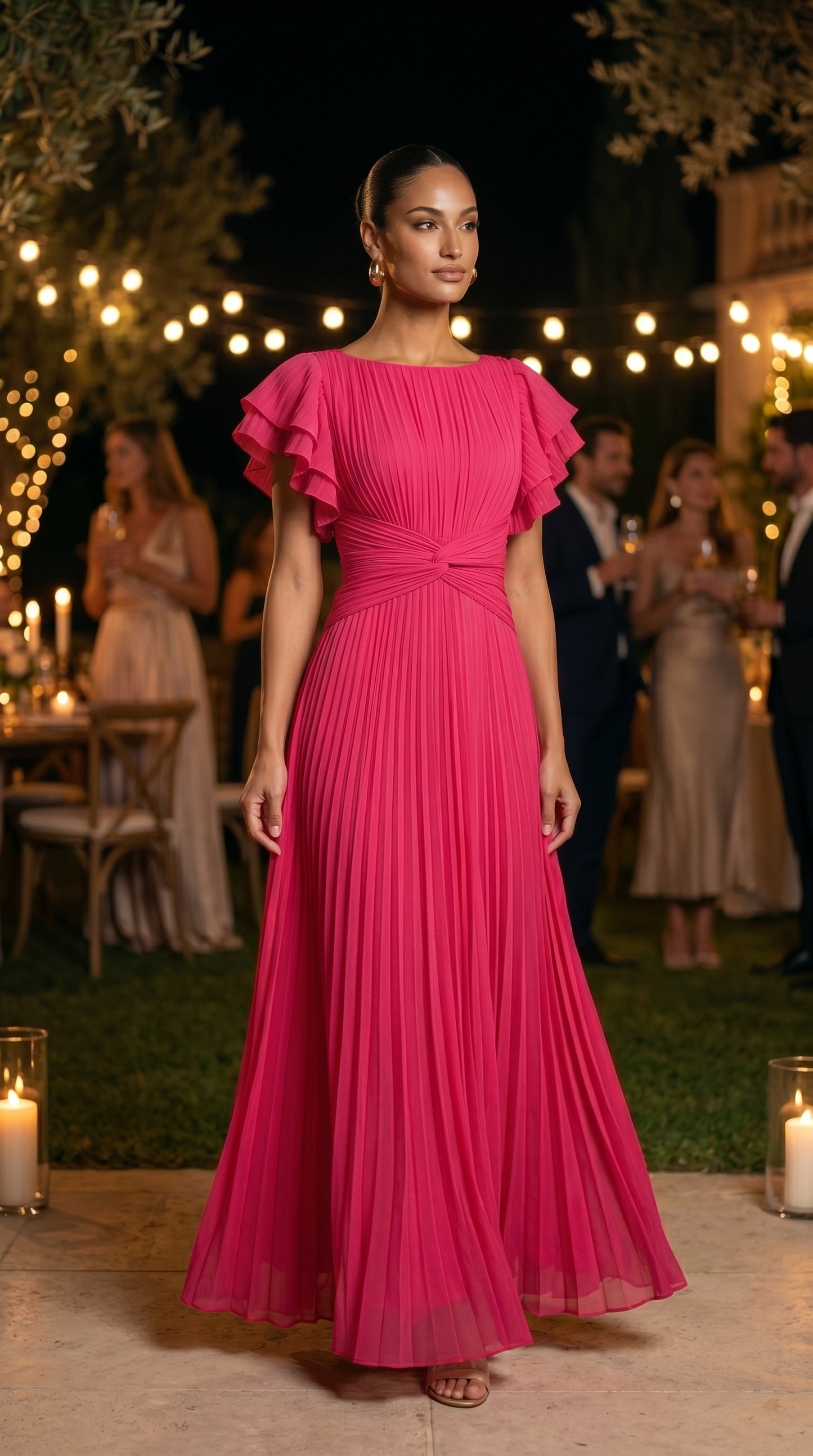 RORY™ - VESTIDO LARGO PLISADO, CON MANGAS DE VOLANTES Y CINTURA ENTALLADA