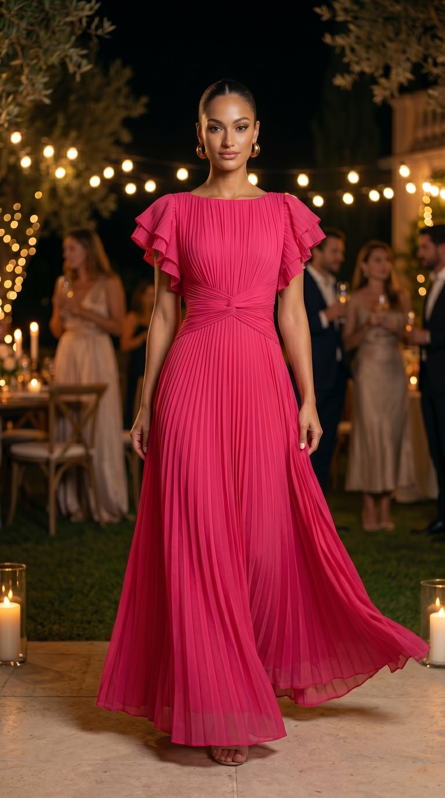 RORY™ - VESTIDO LARGO PLISADO, CON MANGAS DE VOLANTES Y CINTURA ENTALLADA