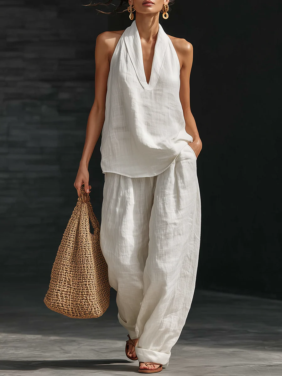 SOPHIE™ - CONJUNTO DE LINO CON ESCOTE EN V Y PANTALON FLUIDO