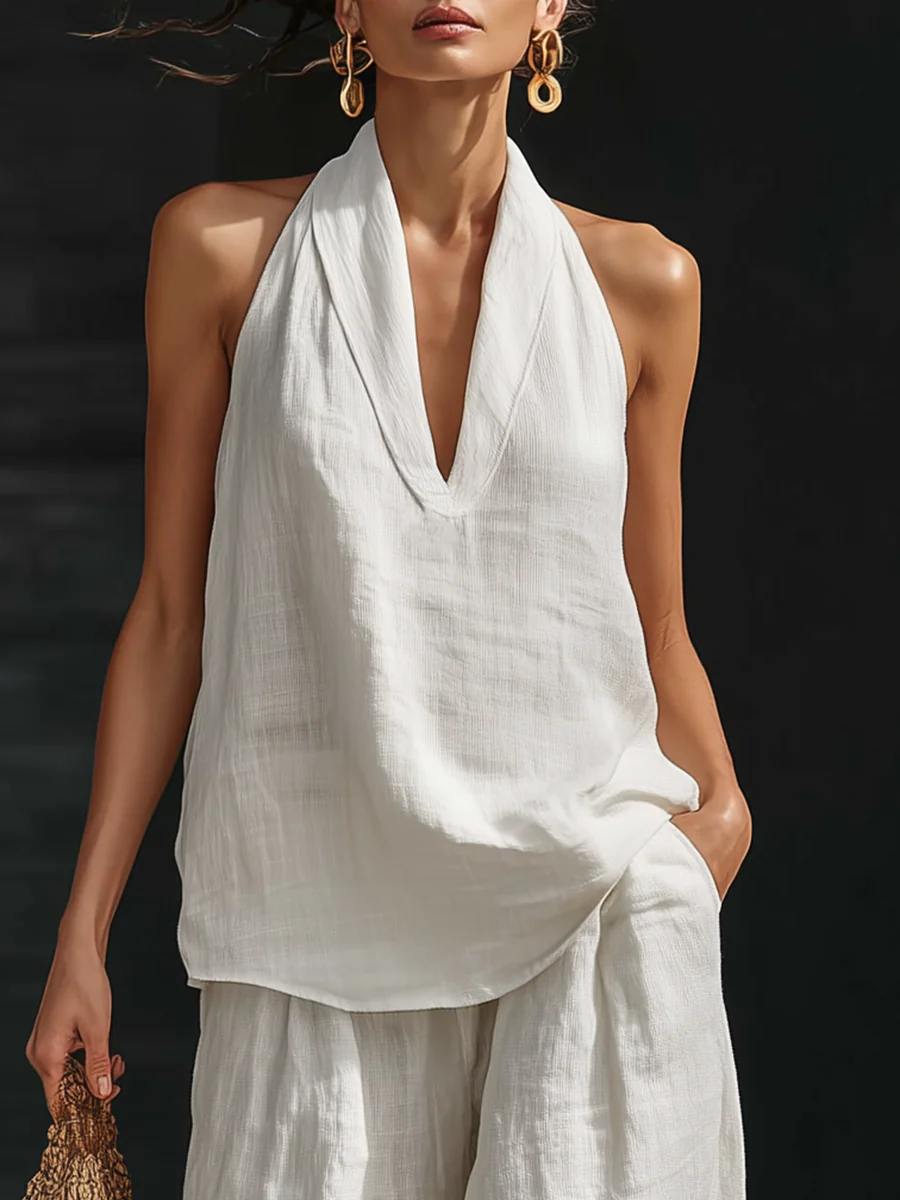 SOPHIE™ - CONJUNTO DE LINO CON ESCOTE EN V Y PANTALON FLUIDO