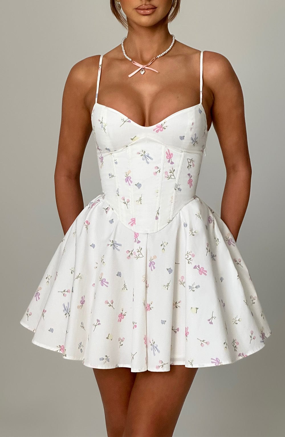 ANALEIGH MINI DRESS - WHITE MULTI FLORAL PRINT