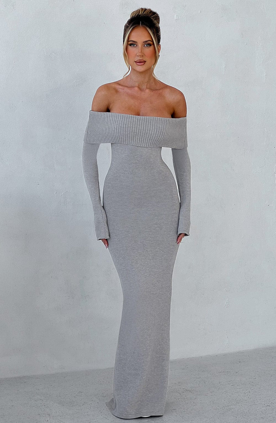 VESTIDO LARGO DE PUNTO BEVERLEY - GRIS JASPEADO CLARO