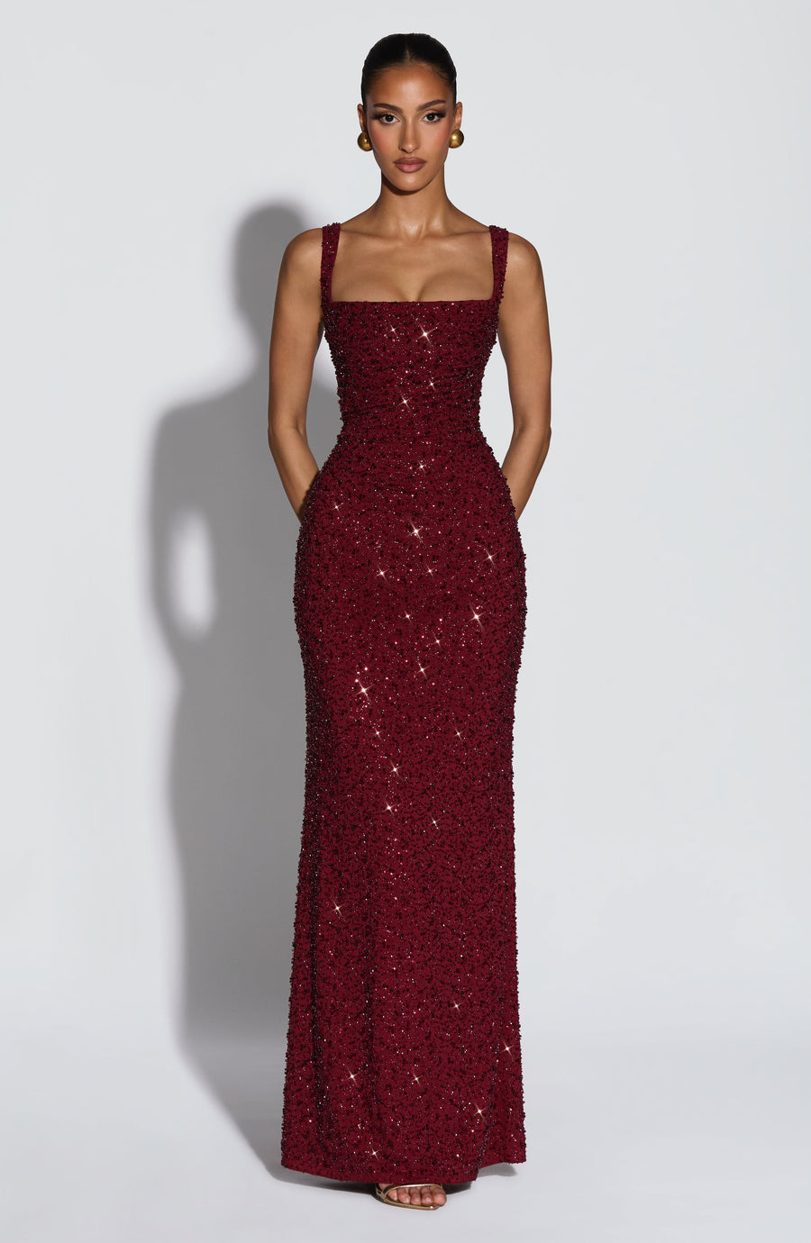 VESTIDO LARGO CALANTHE - BORGOÑA BRILLANTE