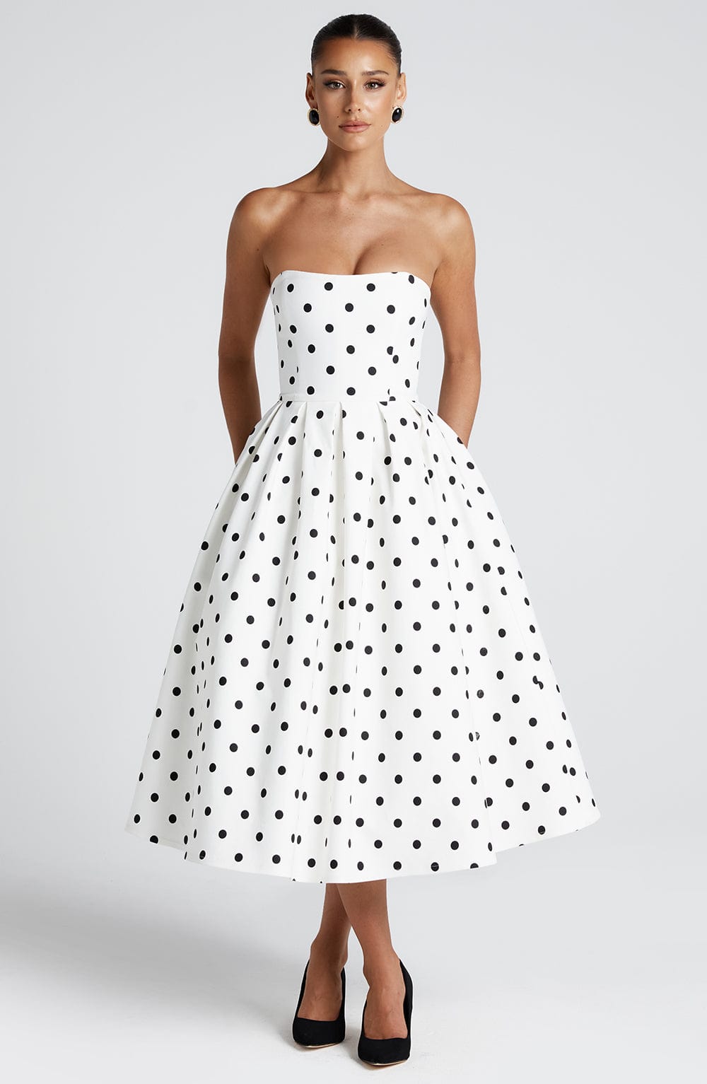 EDITH MIDI DRESS - BLACK POLKA DOT PRINT