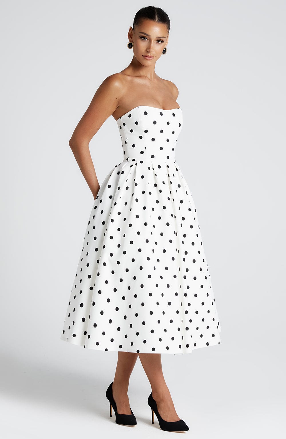 EDITH MIDI DRESS - BLACK POLKA DOT PRINT
