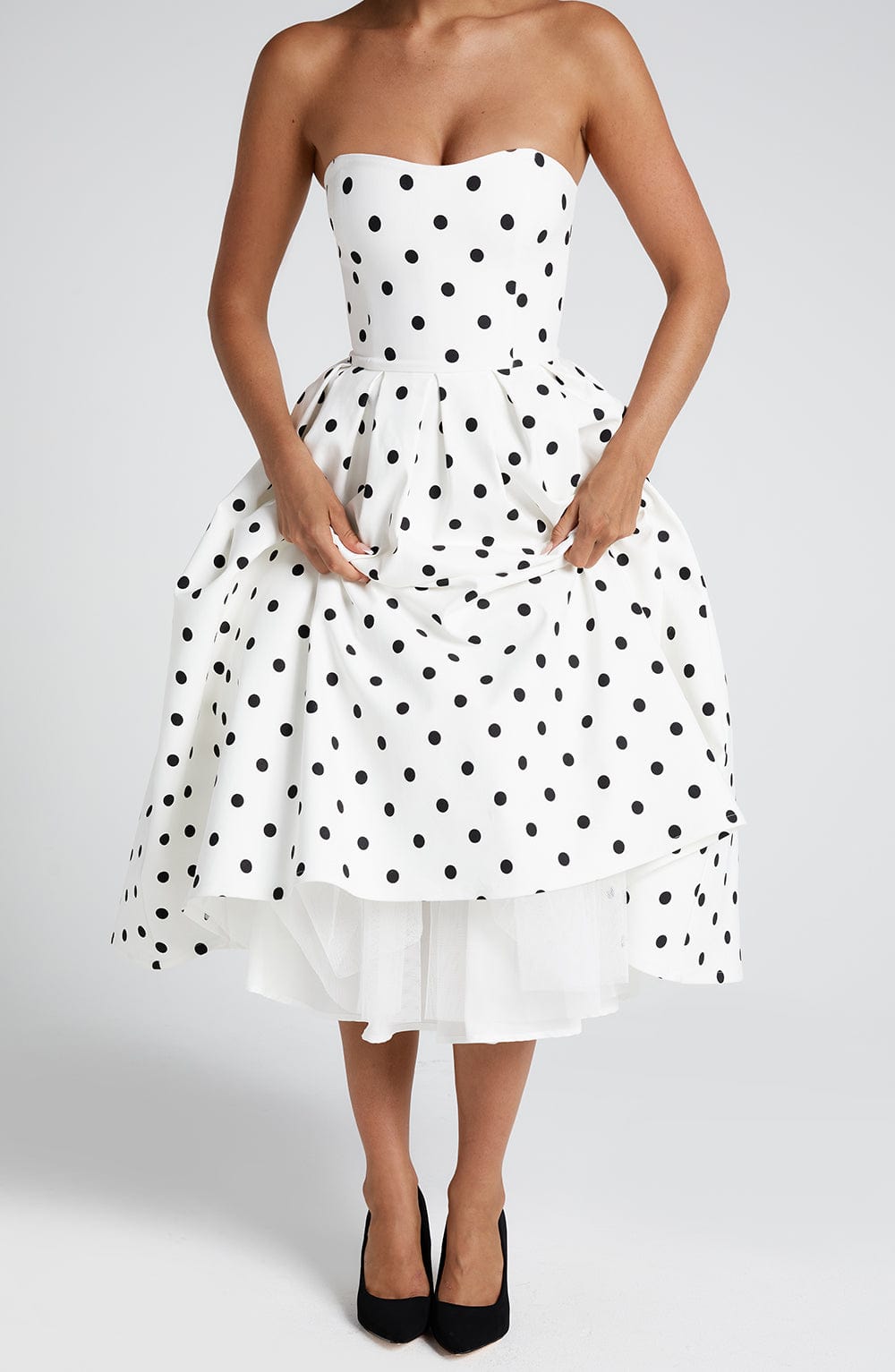 EDITH MIDI DRESS - BLACK POLKA DOT PRINT