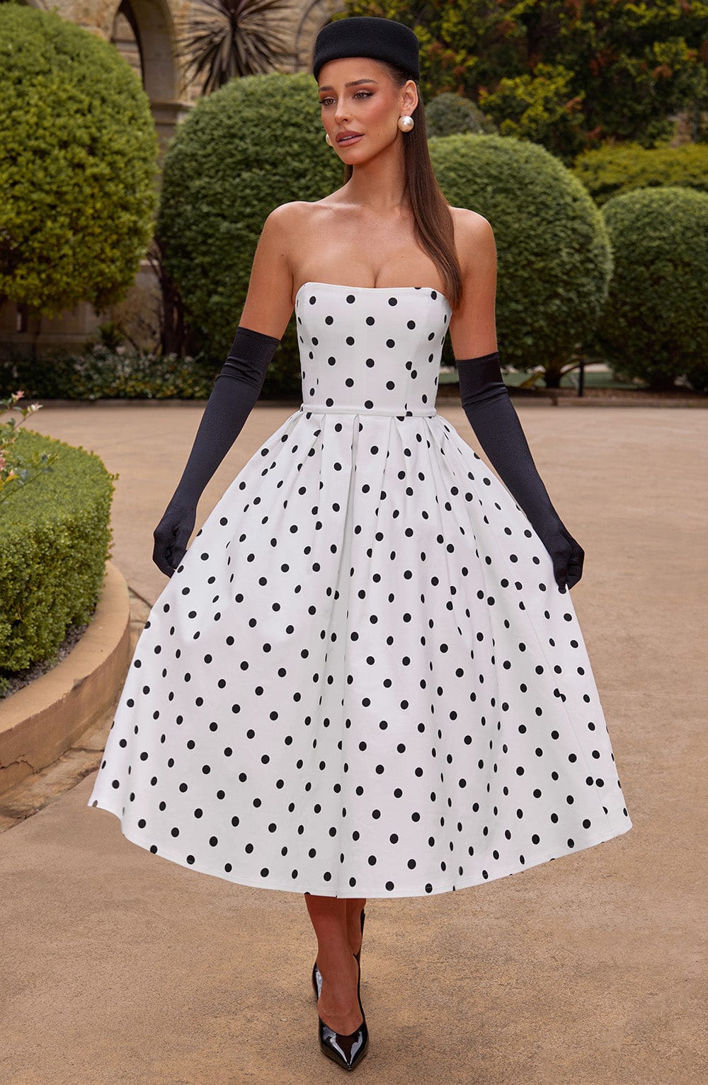 EDITH MIDI DRESS - BLACK POLKA DOT PRINT