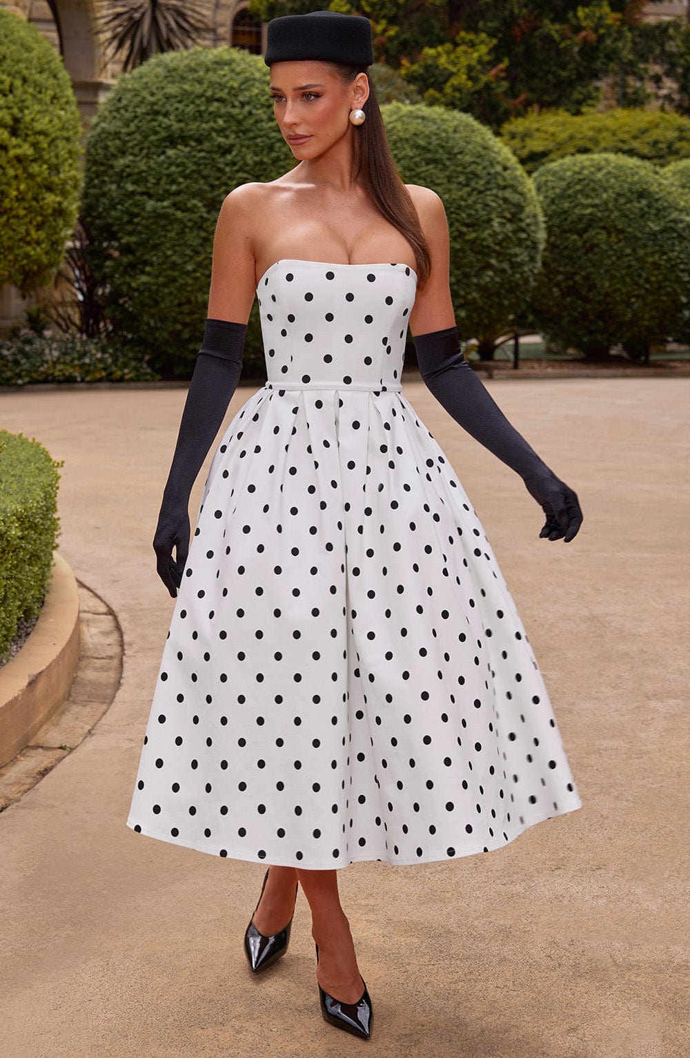 EDITH MIDI DRESS - BLACK POLKA DOT PRINT
