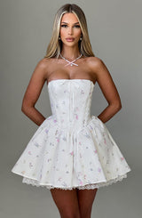 EVIE MINI DRESS - WHITE MULTI FLORAL PRINT
