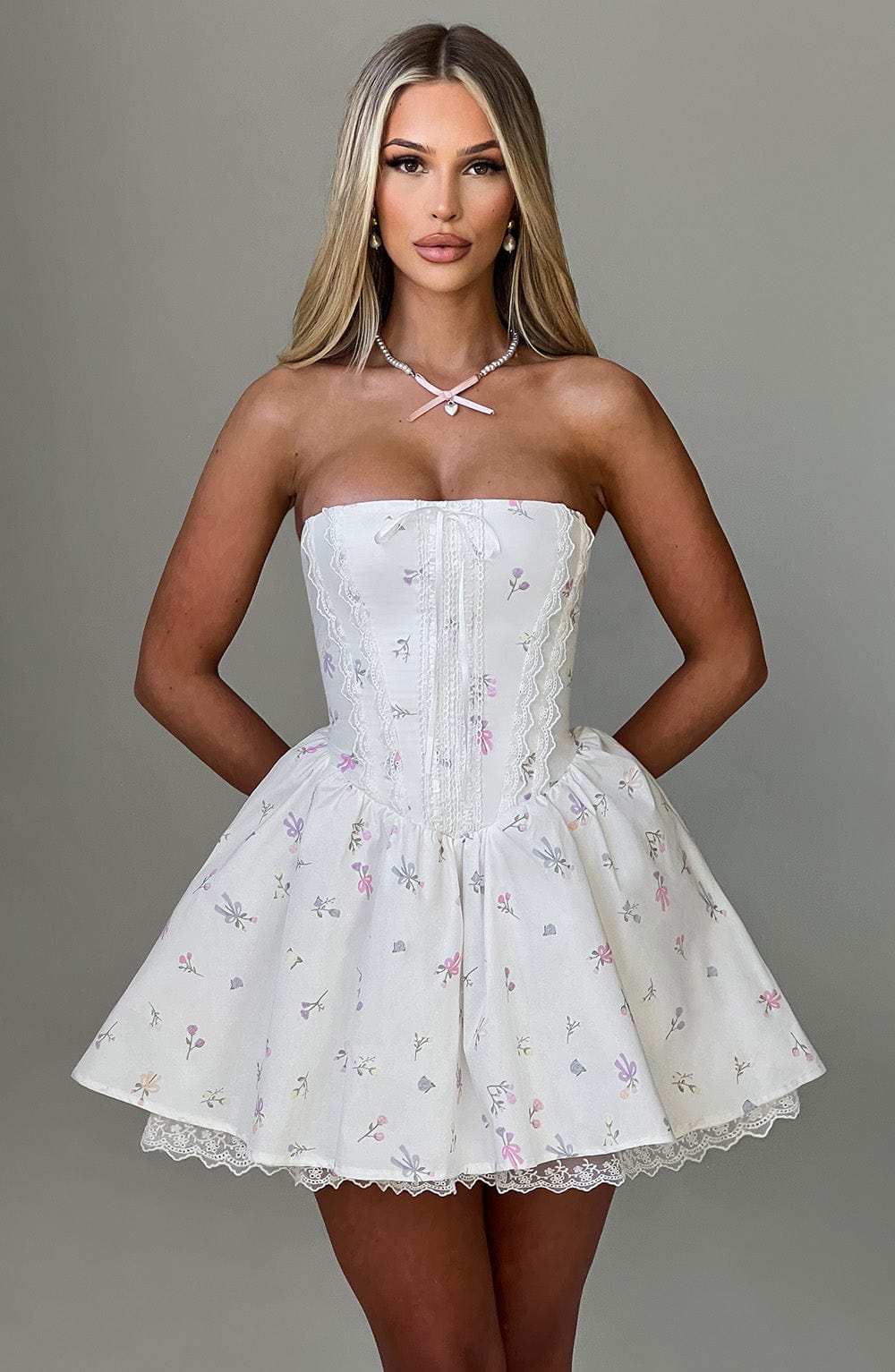 EVIE MINI DRESS - WHITE MULTI FLORAL PRINT