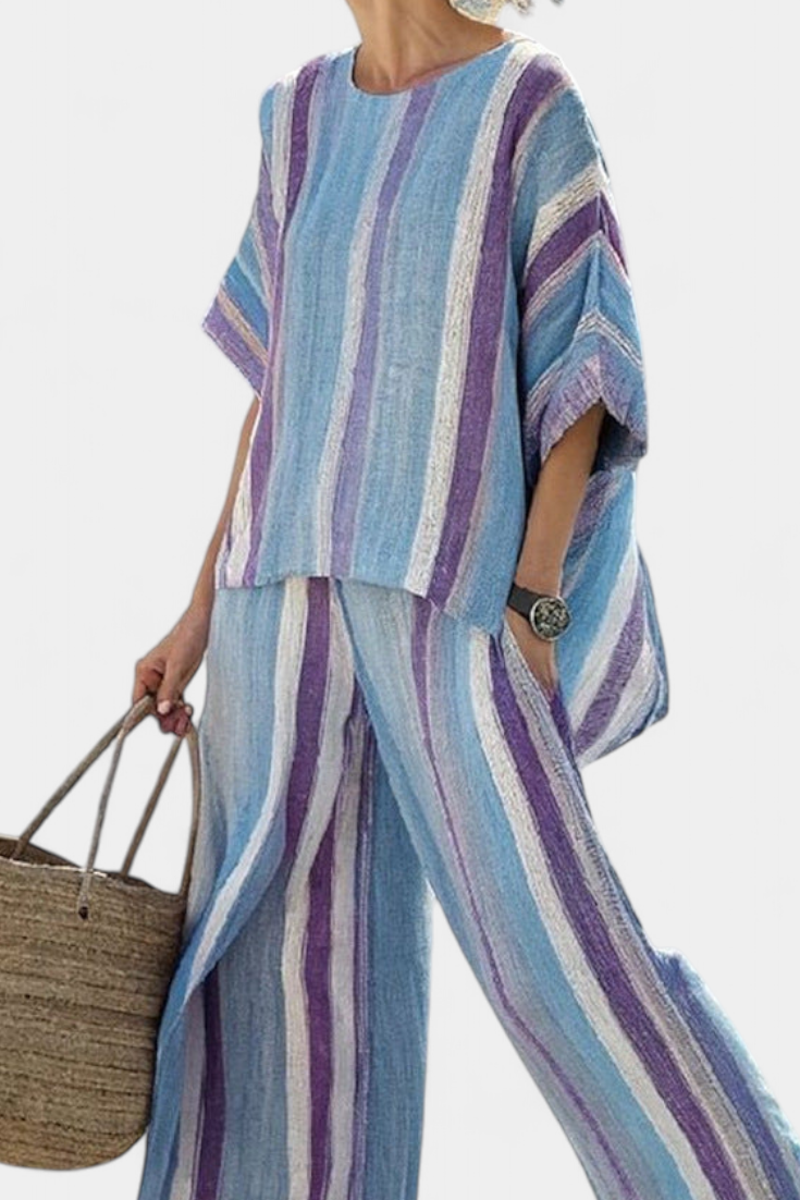GINEBRA™ - CONJUNTO ELEGANTE EN TONO MALVA PASTEL Y PANTALÓN DE LINO A RAYAS