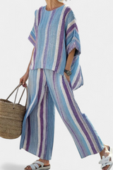 GINEBRA™ - CONJUNTO ELEGANTE EN TONO MALVA PASTEL Y PANTALÓN DE LINO A RAYAS