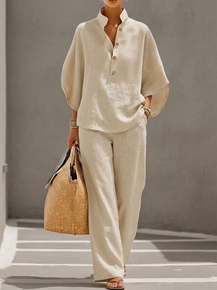 MARIEL™ - CONJUNTO DE DOS PIEZAS EFECTO LINO CON MANGAS MURCIÉLAGO Y PANTALÓN FLUIDO